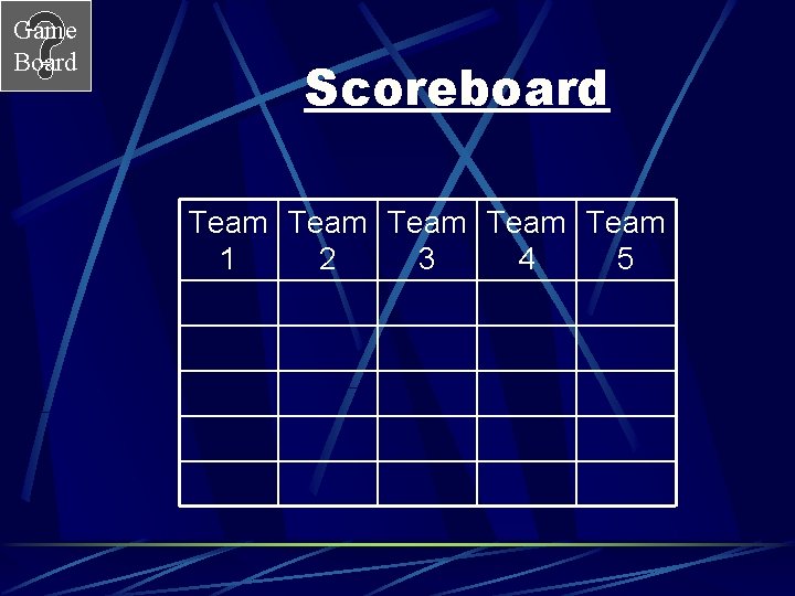 Game Board Scoreboard Team Team 1 2 3 4 5 