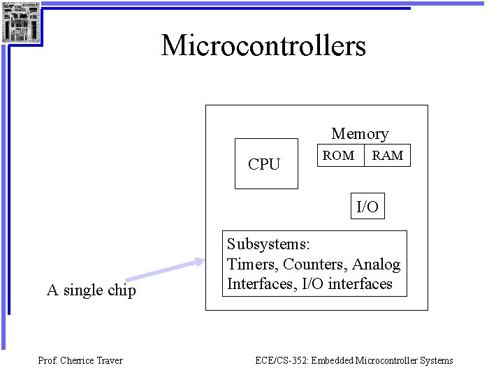 Microcontrollers Memory CPU ROM RAM I/O A single chip Prof. Cherrice Traver Subsystems: Timers,