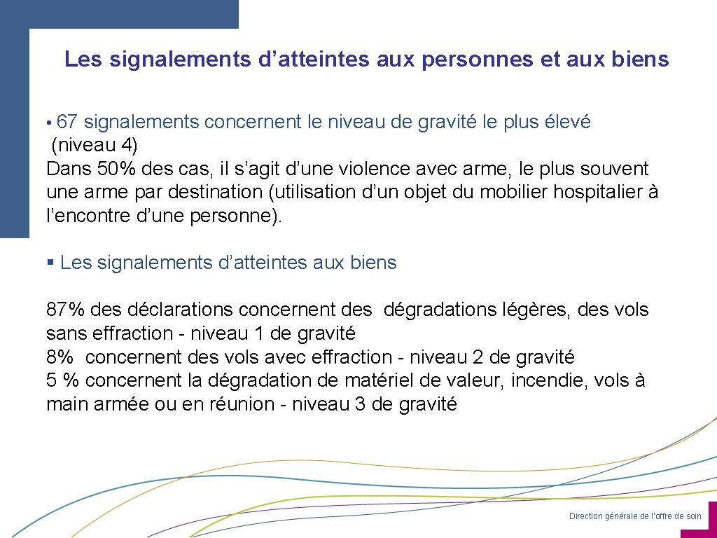 Les signalements d’atteintes aux personnes et aux biens • 67 signalements concernent le niveau