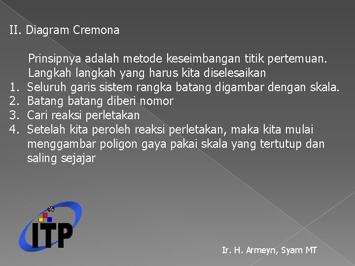 II. Diagram Cremona 1. 2. 3. 4. Prinsipnya adalah metode keseimbangan titik pertemuan. Langkah