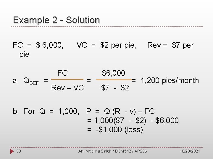 Example 2 - Solution FC = $ 6, 000, pie a. QBEP = VC