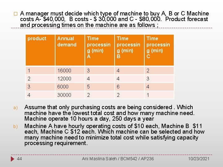 � A manager must decide which type of machine to buy A, B or