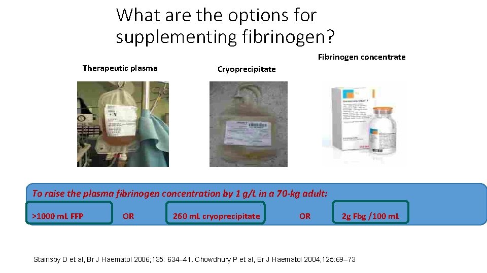 What are the options for supplementing fibrinogen? Therapeutic plasma Fibrinogen concentrate Cryoprecipitate To raise