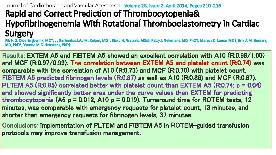 Journal of Cardiothoracic and Vascular Anesthesia Volume 28, Issue 2, April 2014, Pages 210–