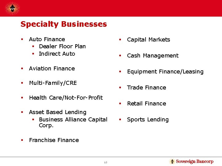Specialty Businesses § Auto Finance § Dealer Floor Plan § Indirect Auto § Aviation