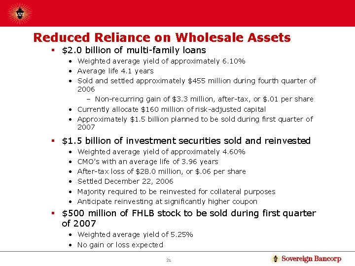 Reduced Reliance on Wholesale Assets § $2. 0 billion of multi-family loans • Weighted