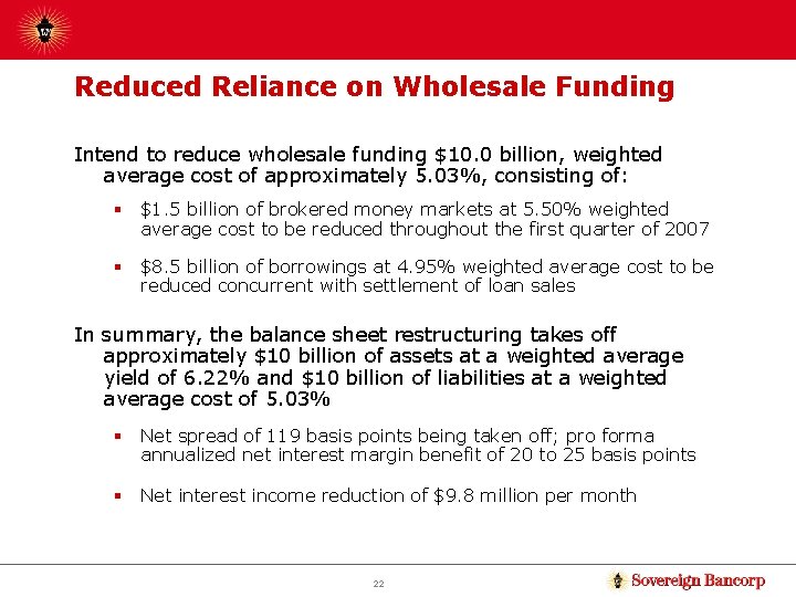 Reduced Reliance on Wholesale Funding Intend to reduce wholesale funding $10. 0 billion, weighted