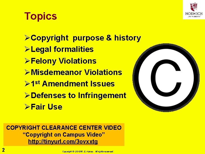 Topics ØCopyright purpose & history ØLegal formalities ØFelony Violations ØMisdemeanor Violations Ø 1 st