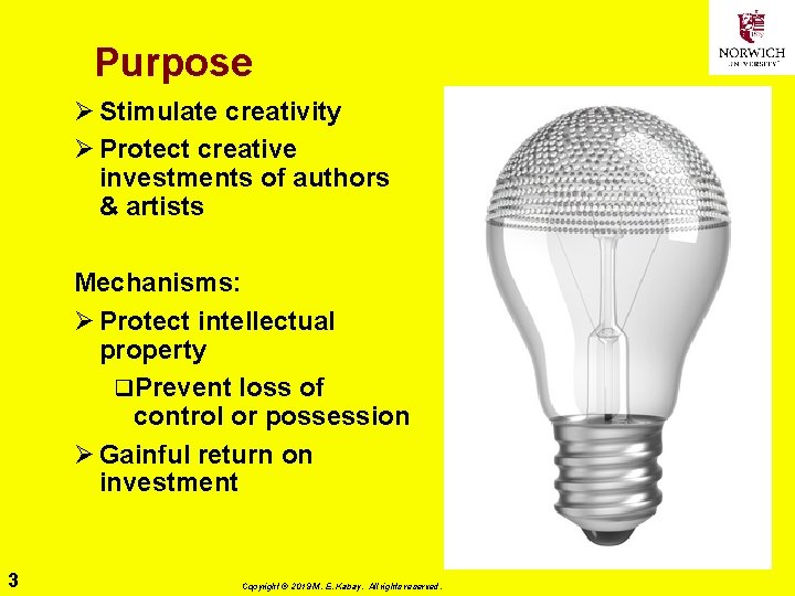 Purpose Ø Stimulate creativity Ø Protect creative investments of authors & artists Mechanisms: Ø