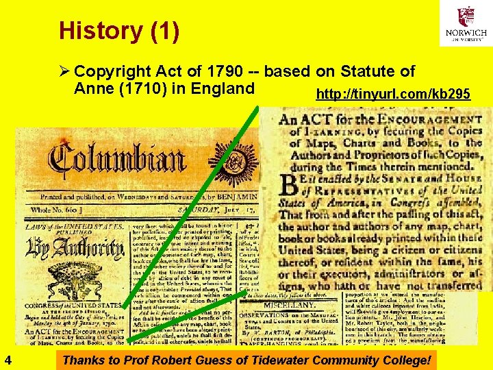 History (1) Ø Copyright Act of 1790 -- based on Statute of Anne (1710)