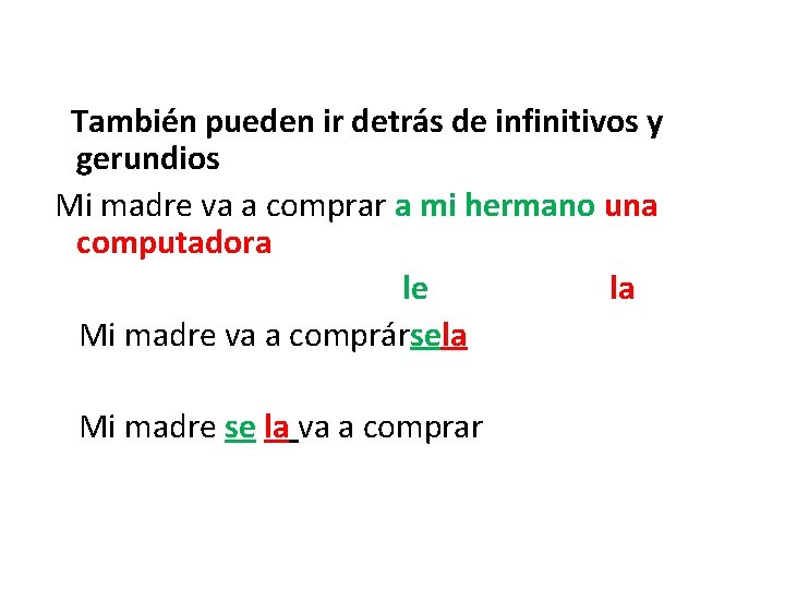 También pueden ir detrás de infinitivos y gerundios Mi madre va a comprar a