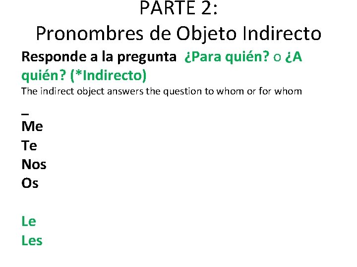PARTE 2: Pronombres de Objeto Indirecto Responde a la pregunta ¿Para quién? o ¿A