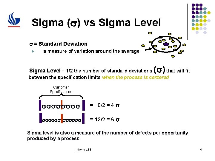 Sigma ( ) vs Sigma Level = Standard Deviation l a measure of variation