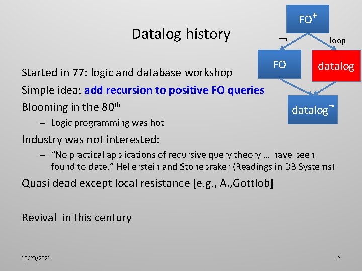 FO+ Datalog history Started in 77: logic and database workshop Simple idea: add recursion