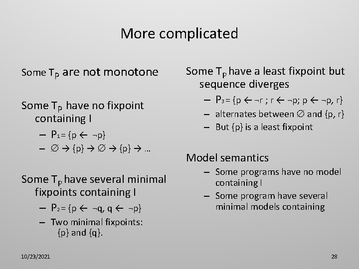 More complicated Some TP are not monotone Some TP have no fixpoint containing I