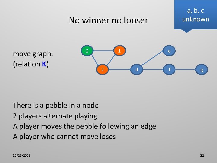 a, b, c unknown No winner no looser move graph: (relation K) 2 c