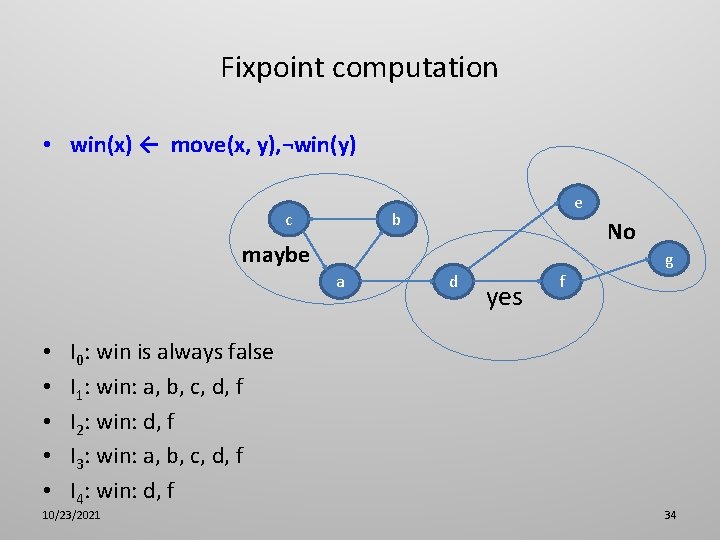 Fixpoint computation • win(x) ← move(x, y), ¬win(y) c e b No maybe g