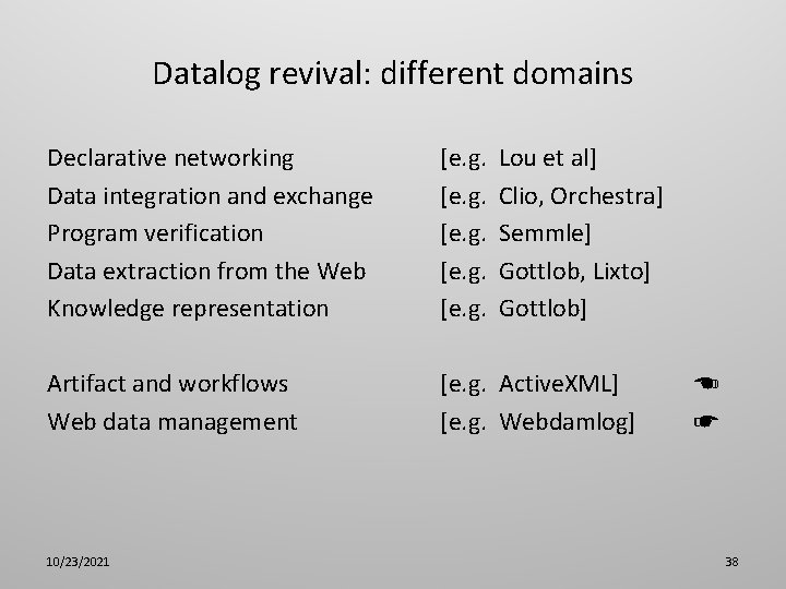 Datalog revival: different domains Declarative networking Data integration and exchange Program verification Data extraction