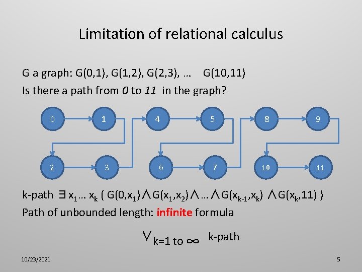 Limitation of relational calculus G a graph: G(0, 1), G(1, 2), G(2, 3), …
