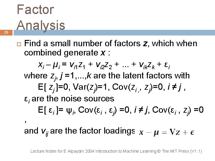 25 Factor Analysis Find a small number of factors z, which when combined generate