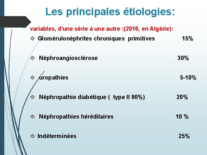 Les principales étiologies: variables, d'une série à une autre : (2016, en Algérie): Glomérulonéphrites