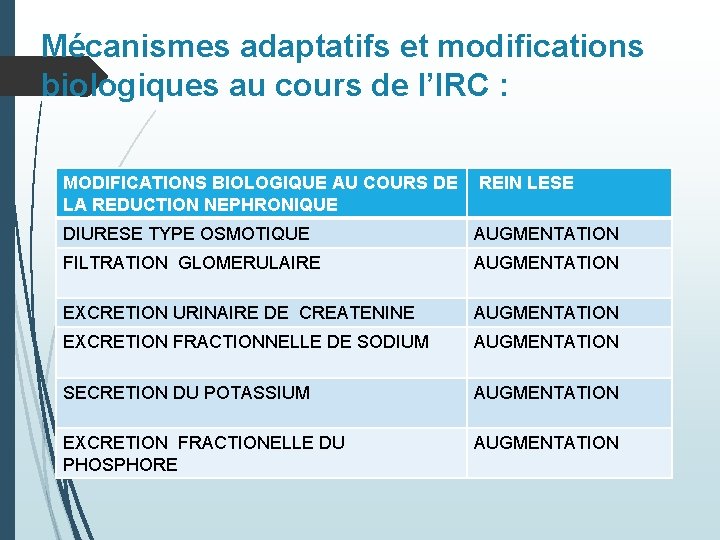 Mécanismes adaptatifs et modifications biologiques au cours de l’IRC : MODIFICATIONS BIOLOGIQUE AU COURS