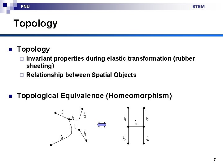 PNU STEM Topology n Topology Invariant properties during elastic transformation (rubber sheeting) ¨ Relationship