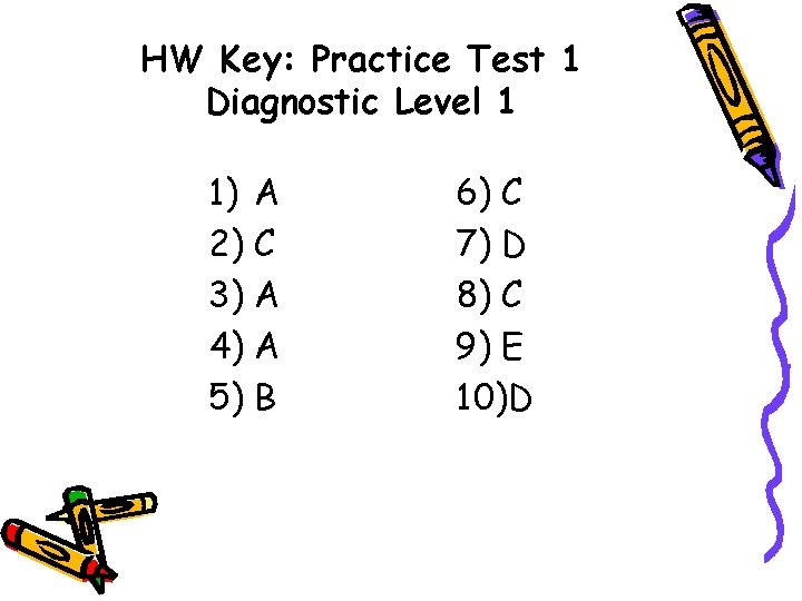 HW Key: Practice Test 1 Diagnostic Level 1 1) A 2) C 3) A