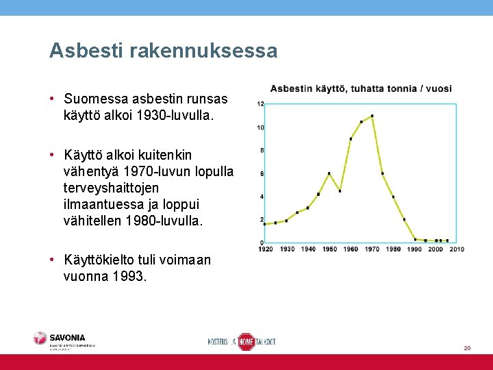Asbesti rakennuksessa • Suomessa asbestin runsas käyttö alkoi 1930 -luvulla. • Käyttö alkoi kuitenkin