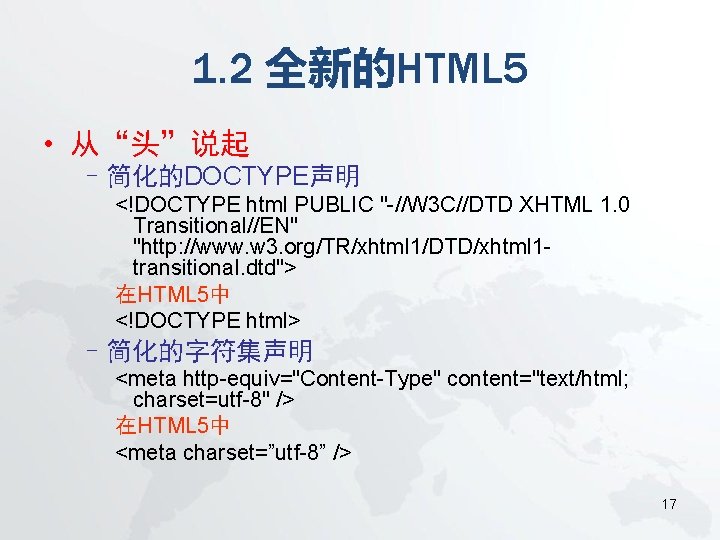 1. 2 全新的HTML 5 • 从“头”说起 –简化的DOCTYPE声明 <!DOCTYPE html PUBLIC "-//W 3 C//DTD XHTML