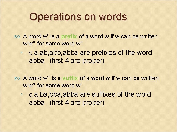 Operations on words A word w’ is a prefix of a word w if