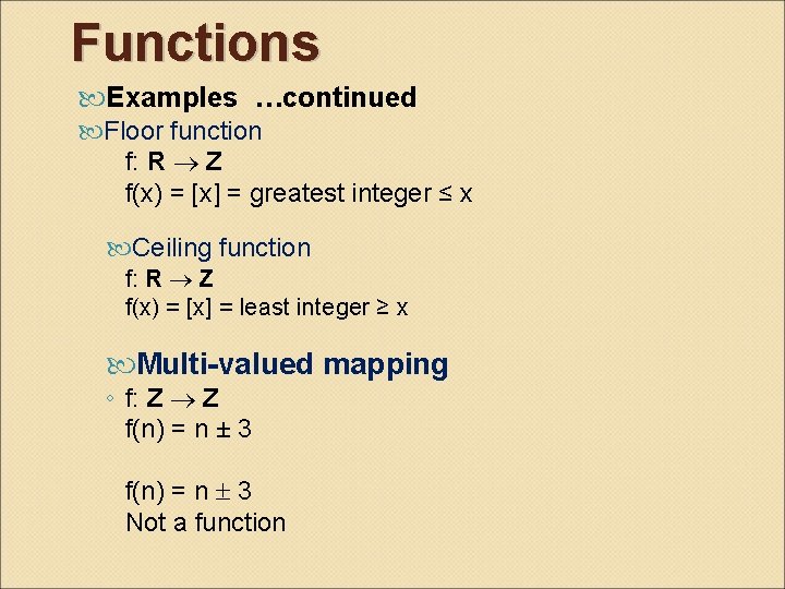 Functions Examples …continued Floor function f: R Z f(x) = [x] = greatest integer