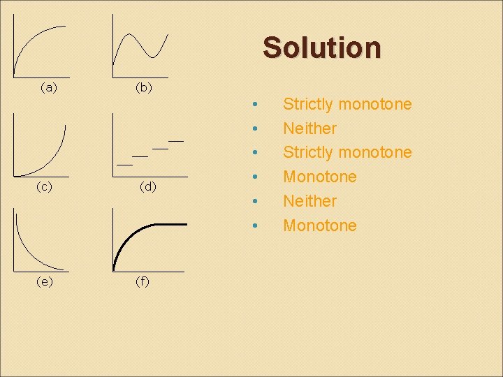 Solution (a) (c) (e) (b) (d) (f) • • • Strictly monotone Neither Strictly