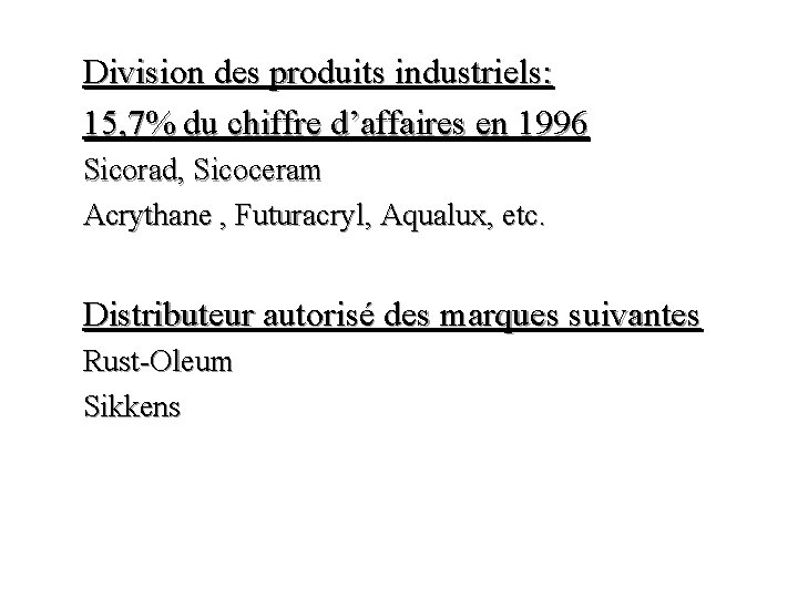 Division des produits industriels: 15, 7% du chiffre d’affaires en 1996 Sicorad, Sicoceram Acrythane