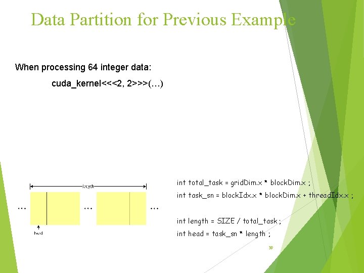 Data Partition for Previous Example When processing 64 integer data: cuda_kernel<<<2, 2>>>(…) int total_task Data Partition for Previous Example When processing 64 integer data: cuda_kernel<<<2, 2>>>(…) int total_task