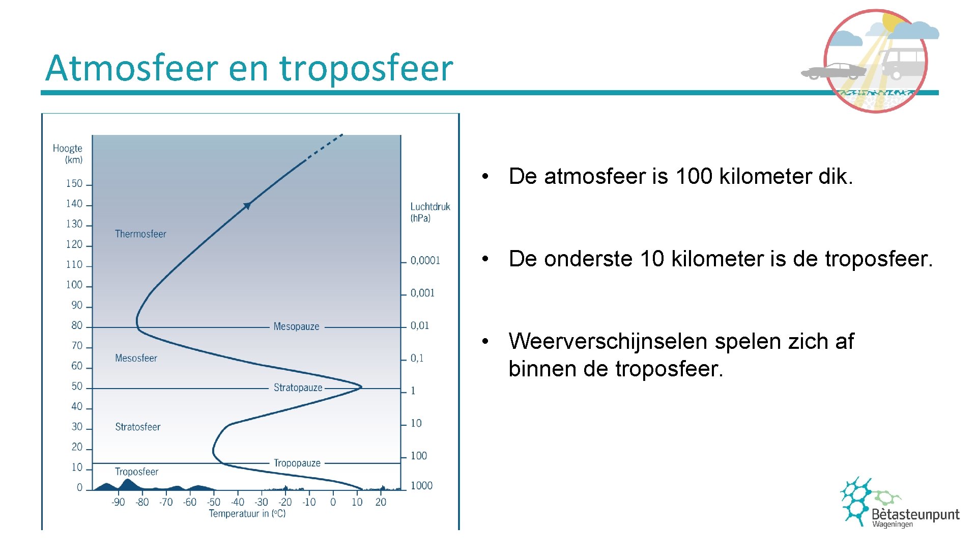 Atmosfeer en troposfeer • De atmosfeer is 100 kilometer dik. • De onderste 10