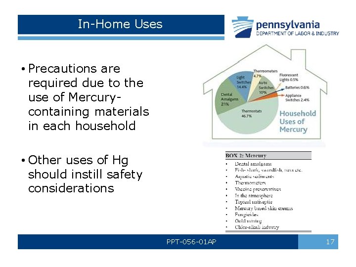 In-Home Uses • Precautions are required due to the use of Mercurycontaining materials in