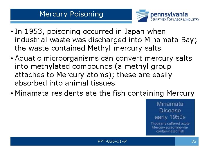Mercury Poisoning • In 1953, poisoning occurred in Japan when industrial waste was discharged