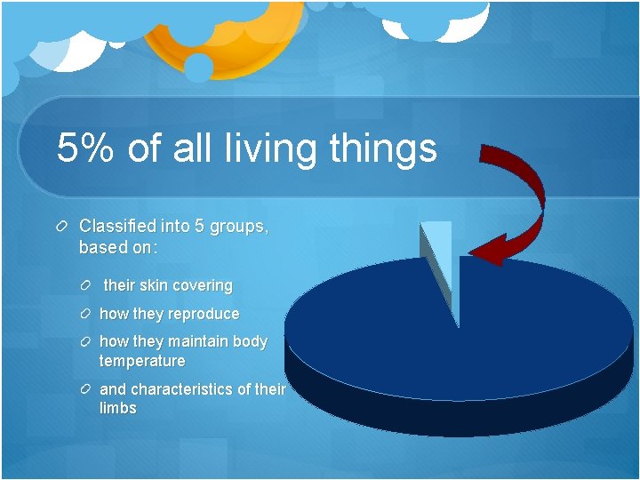 5% of all living things Classified into 5 groups, based on: their skin covering