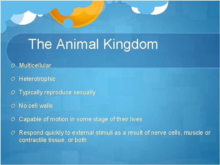 The Animal Kingdom Multicellular Heterotrophic Typically reproduce sexually No cell walls Capable of motion