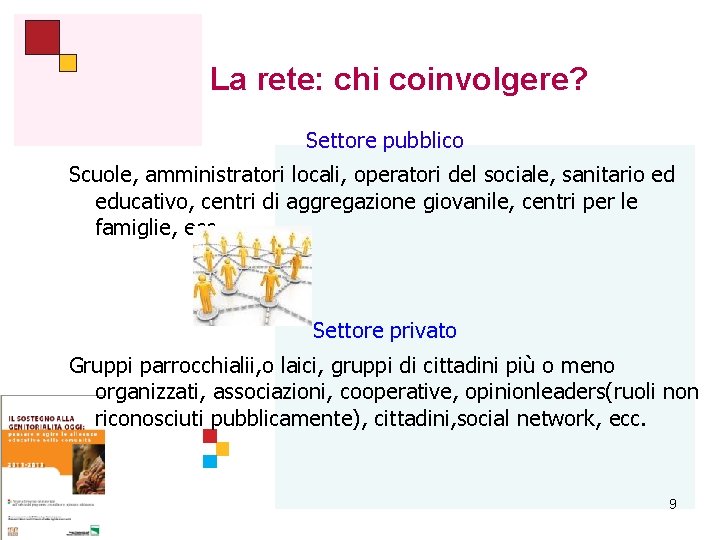 La rete: chi coinvolgere? Settore pubblico Scuole, amministratori locali, operatori del sociale, sanitario ed