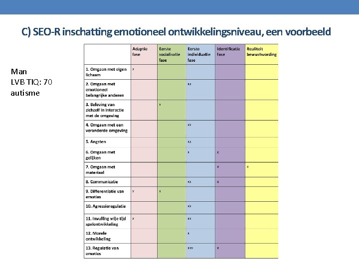 C) SEO-R inschatting emotioneel ontwikkelingsniveau, een voorbeeld Man LVB TIQ: 70 autisme 