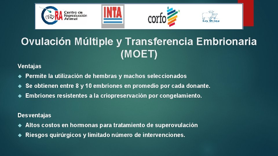 Ovulación Múltiple y Transferencia Embrionaria (MOET) Ventajas Permite la utilización de hembras y machos