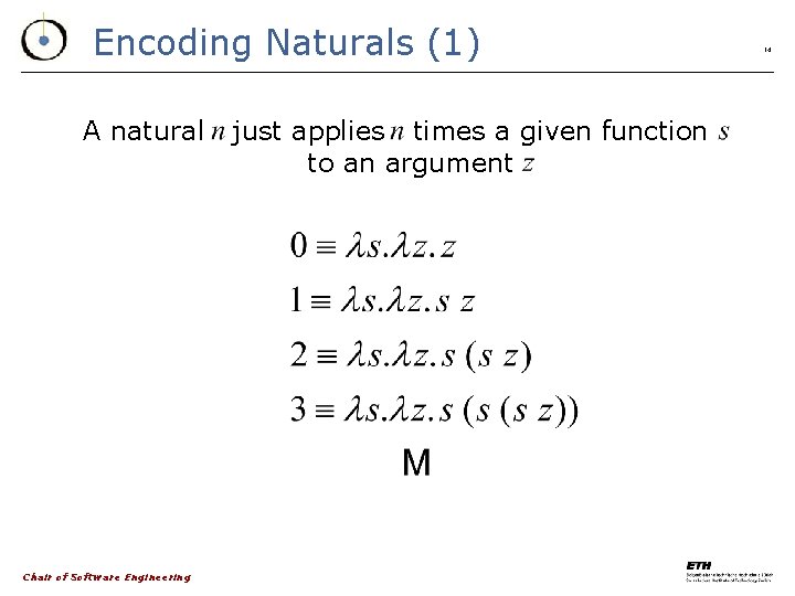 Encoding Naturals (1) A natural Chair of Software Engineering just applies times a given