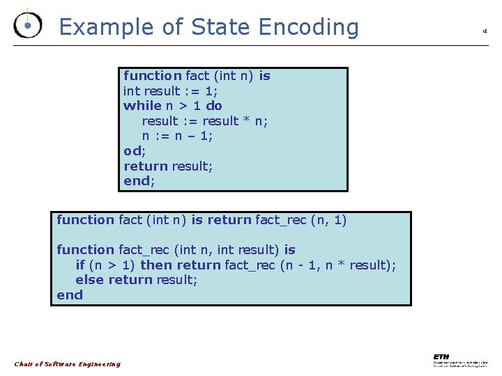 Example of State Encoding function fact (int n) is int result : = 1;