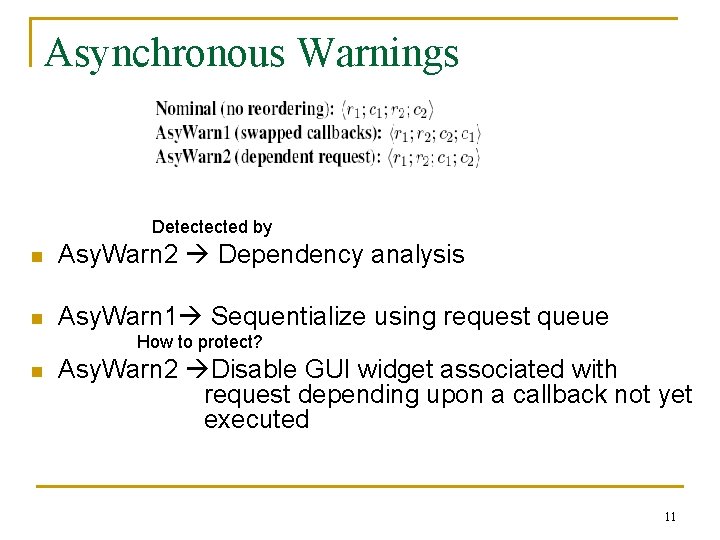 Asynchronous Warnings Detectected by n Asy. Warn 2 Dependency analysis n Asy. Warn 1