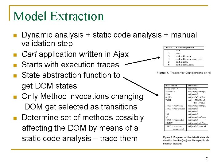 Model Extraction n n n Dynamic analysis + static code analysis + manual validation