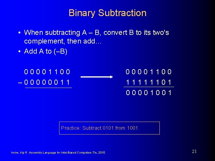 Binary Subtraction • When subtracting A – B, convert B to its two's complement,