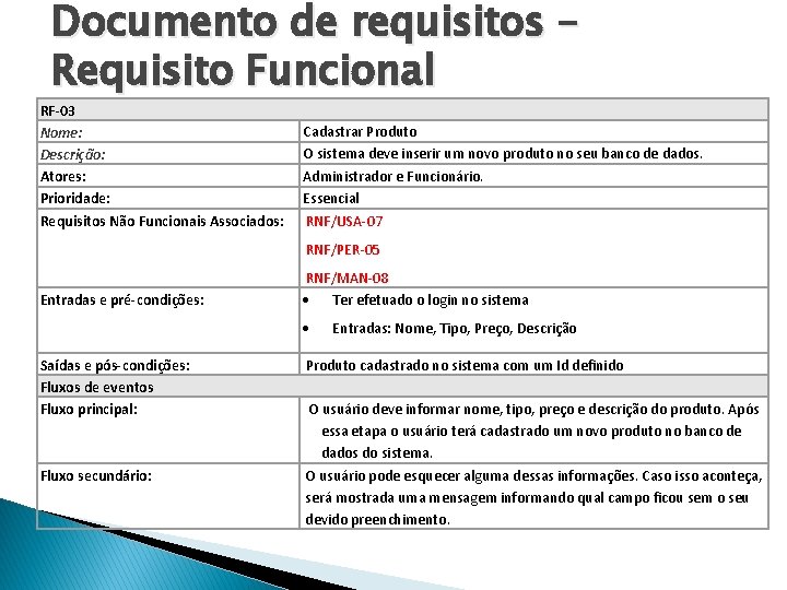 Documento de requisitos – Requisito Funcional RF-03 Nome: Descrição: Atores: Prioridade: Requisitos Não Funcionais