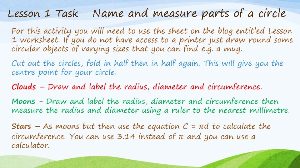 Lesson 1 Task - Name and measure parts of a circle • 